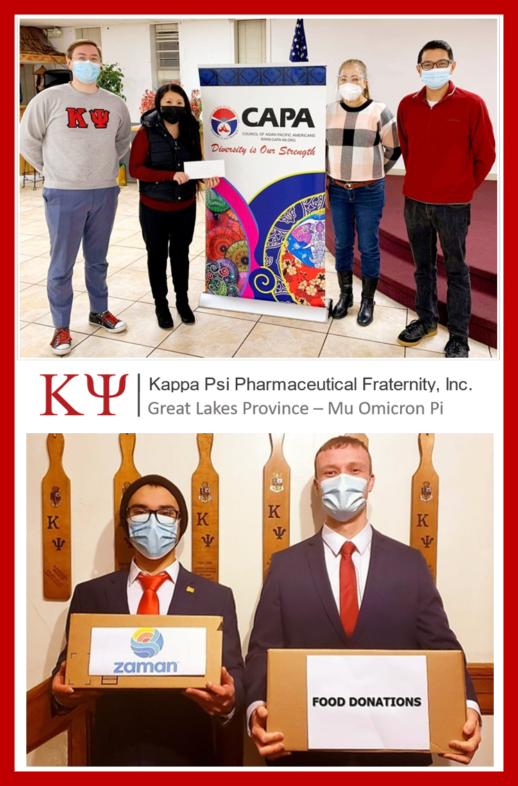 Kappa Psi presenting food donations to CAPA Cares 
