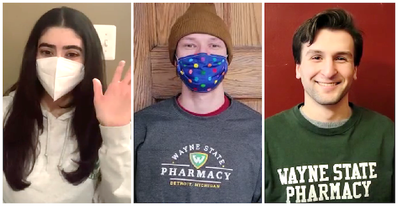 Shannon Habba, APhA President-Elect, and Kappa Psi brothers Evan Johnson and Justin Zimmerman help demonstrate the efficacy of different masks in the PSA