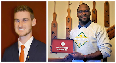 Kappa Psi Dedication Award recipient Steven Conway (left) and Obioma Opara, initiative leader for Mu Omicron Pi’s campaign addressing opioid abuse disorder. 