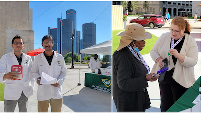 Left: IPhO President Joseph Paul Javier and IPhO President-Elect Ronith Murali. Right: Denise Kolakowski of the WSU Michigan Poison and Drug Information Center demonstrating how to use a portable medication disposal system.