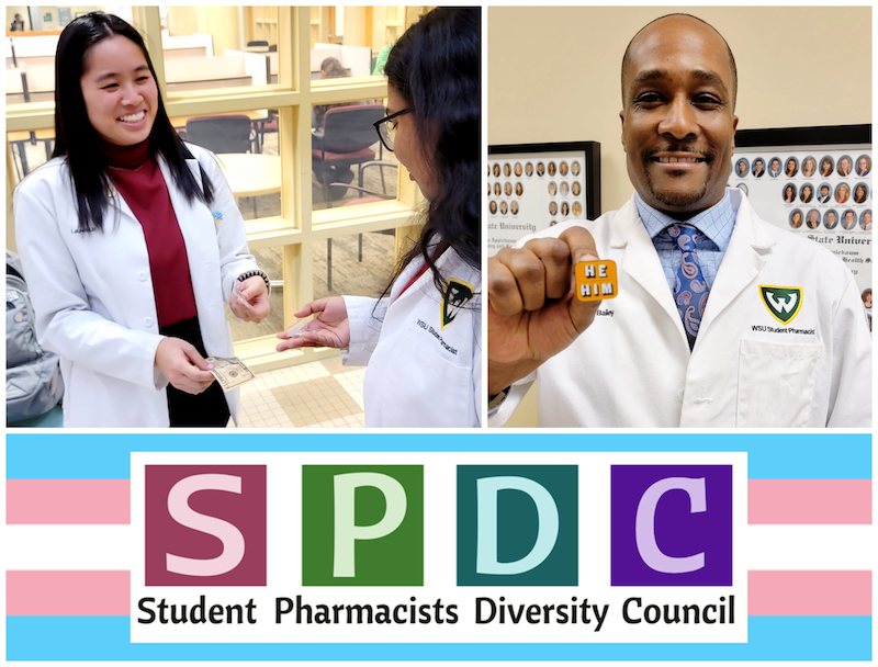 (Left) Organizer of SPDC’s Transgender Awareness Week event, SPDC Vice-President Lauren Danelle Lim. (Right) SPDC Co-Director for Cultural Education, Johnie L. Bailey, proudly displays his new pronoun pin for his white coat.